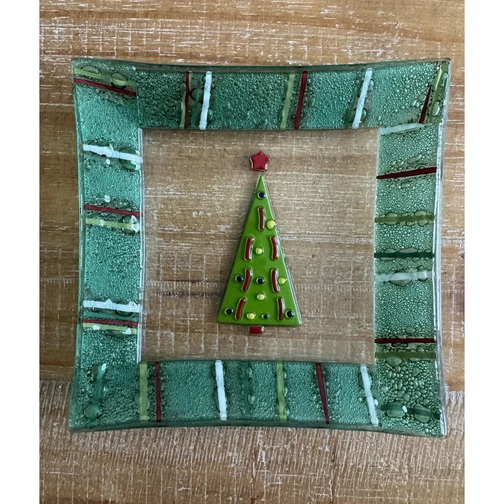 Set Of 3 Gorham Fused Glass Christmas Tree Square 6